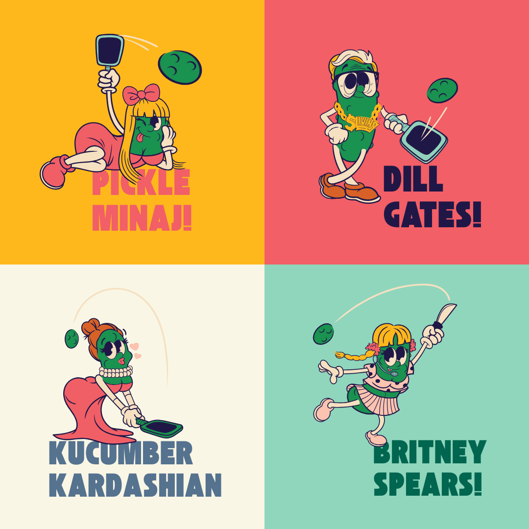 Silly Pickles pickleball characters (iconic pickle graphics) from the world&