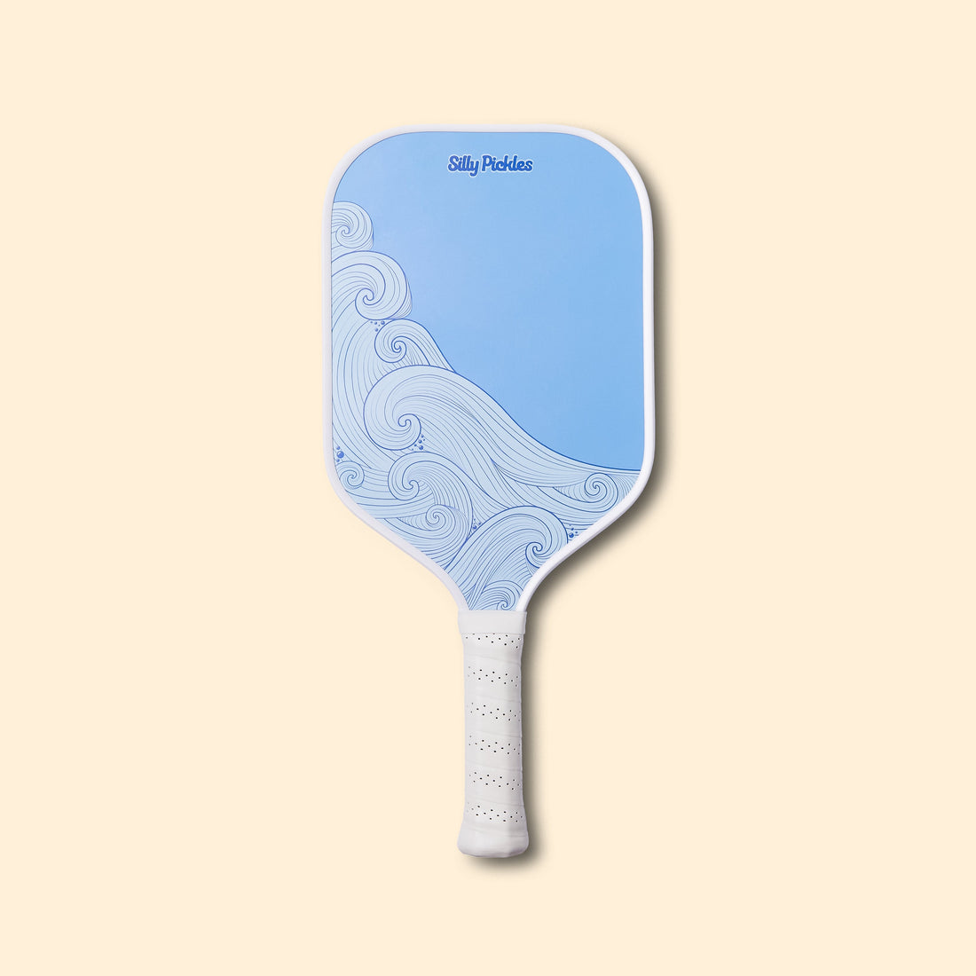 Silly Pickles pickleball paddle with wave design on a beige background