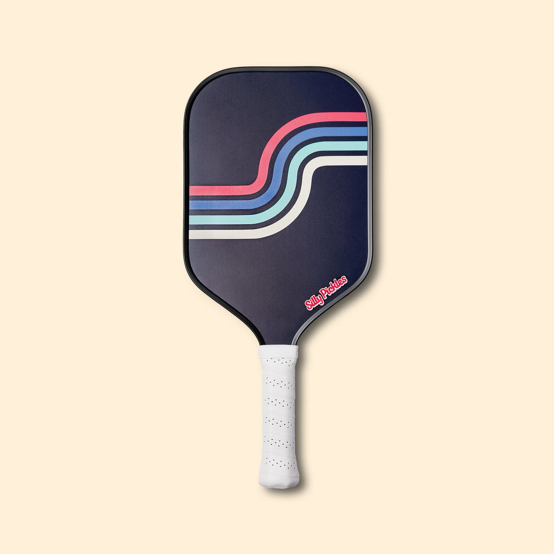 Silly Pickles pickleball paddle with groovy, retro wave design on a beige background