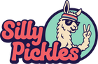 Silly Pickles (Home to the World's Funnest Pickleball leagues) logo. Fun, retro llama with peace sign, sweatband, and sunglasses and Silly Pickles font.